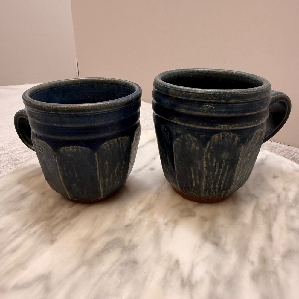VTG Studio Pottery Blue Glazed Mugs Set of 2 Signed Dated 1982 Artisan Cups